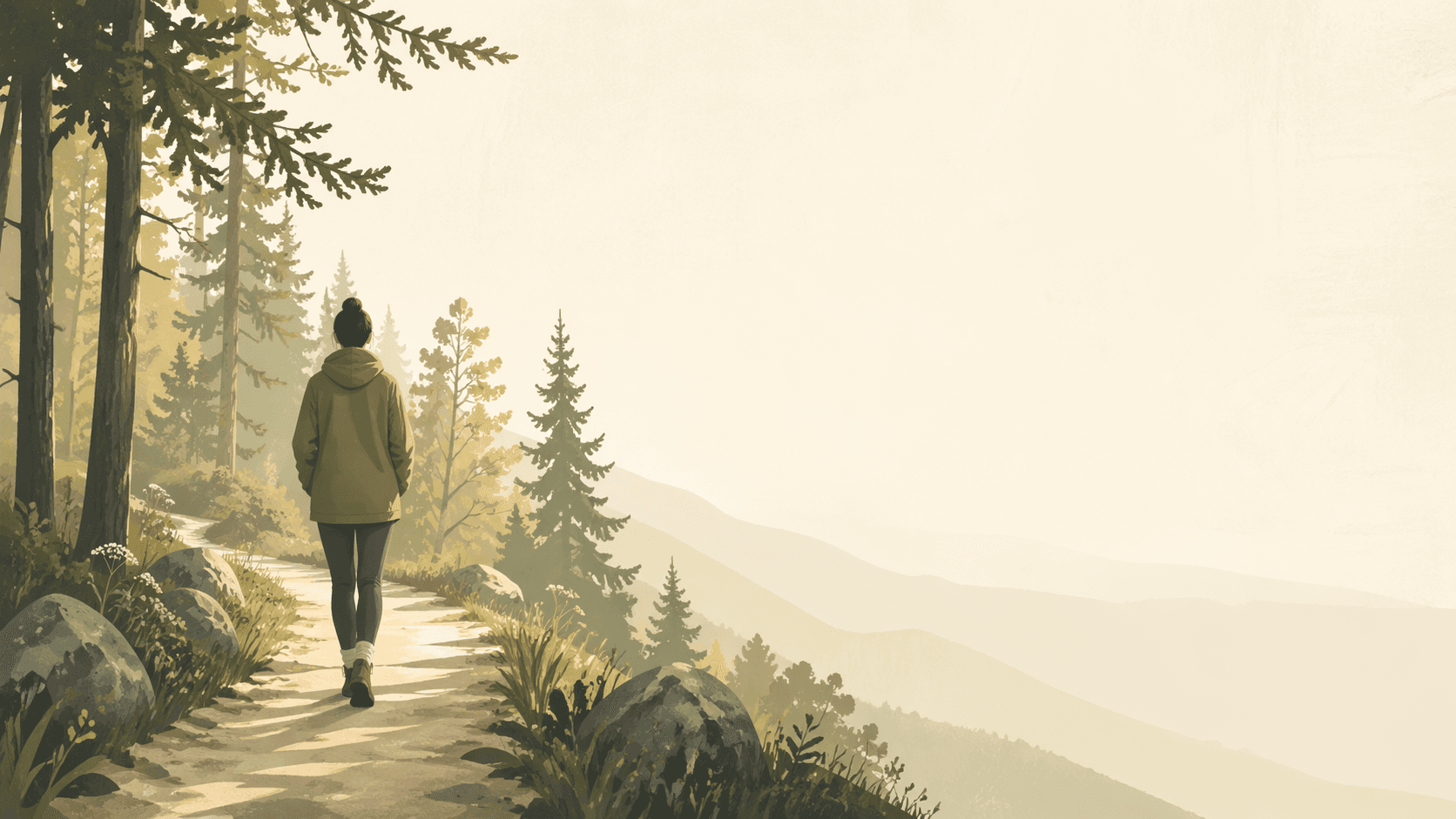 Burnout prevention. A person walking on a quiet forest path in soft morning light, viewed from behind, relaxed posture